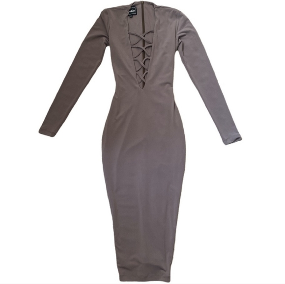 NOOKIE TI AMO LACE UP LONG SLEEVE MIDI DRESS IN TAUPE sz XS - Picture 3 of 7